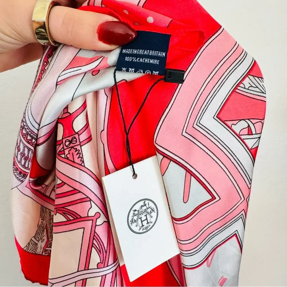 NEW HERMES Box Pink White Red Silky Print Washington's Carriage Scarf 140